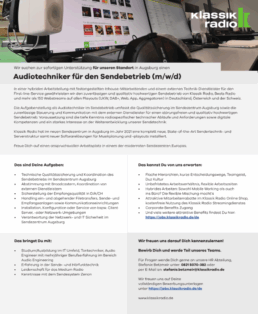 Klassik Radio sucht Audiotechniker für den Sendebetrieb (m/w/d)