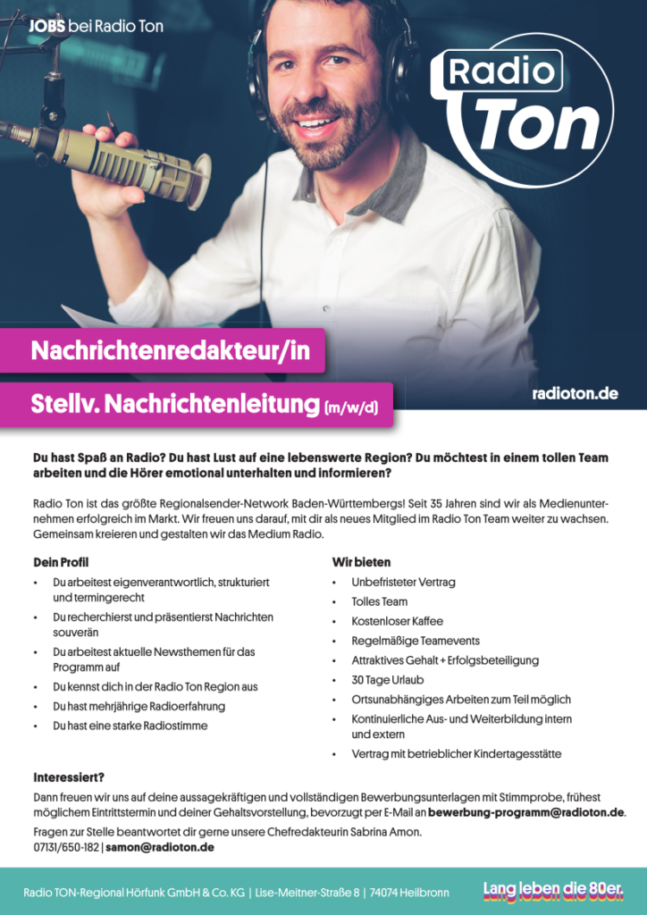 Radio Ton sucht Nachrichtenredakteur/in / Stellv. Nachrichtenleitung (m/w/d)