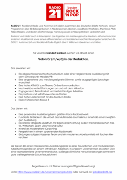 RADIO 21 sucht am Standort Garbsen einen Volontär (m/w/d) in der Redaktion