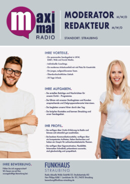 maximal RADIO sucht Moderator (m/w/d) und Redakteur (m/w/d) für Straubing
